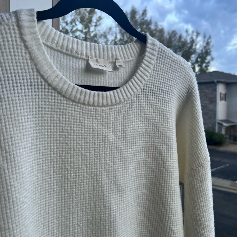 🆕 ✨ CYRUS Ivory Textured Waffle Knit Crewneck Sweater Size L Soft Cozy Classic - Picture 7 of 15